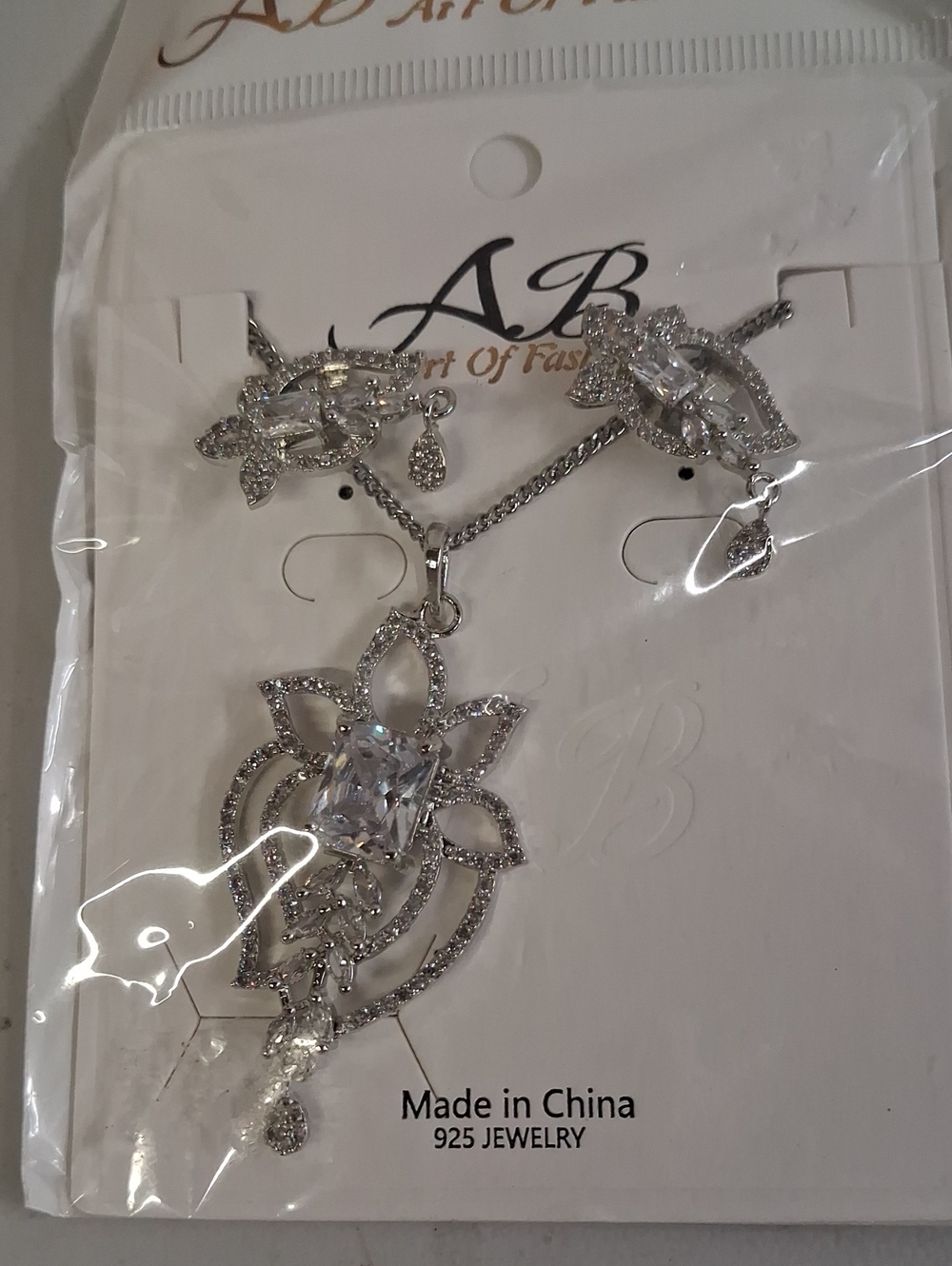 NWT Silver Floral Crystal Necklace and Earring Set - Silver
